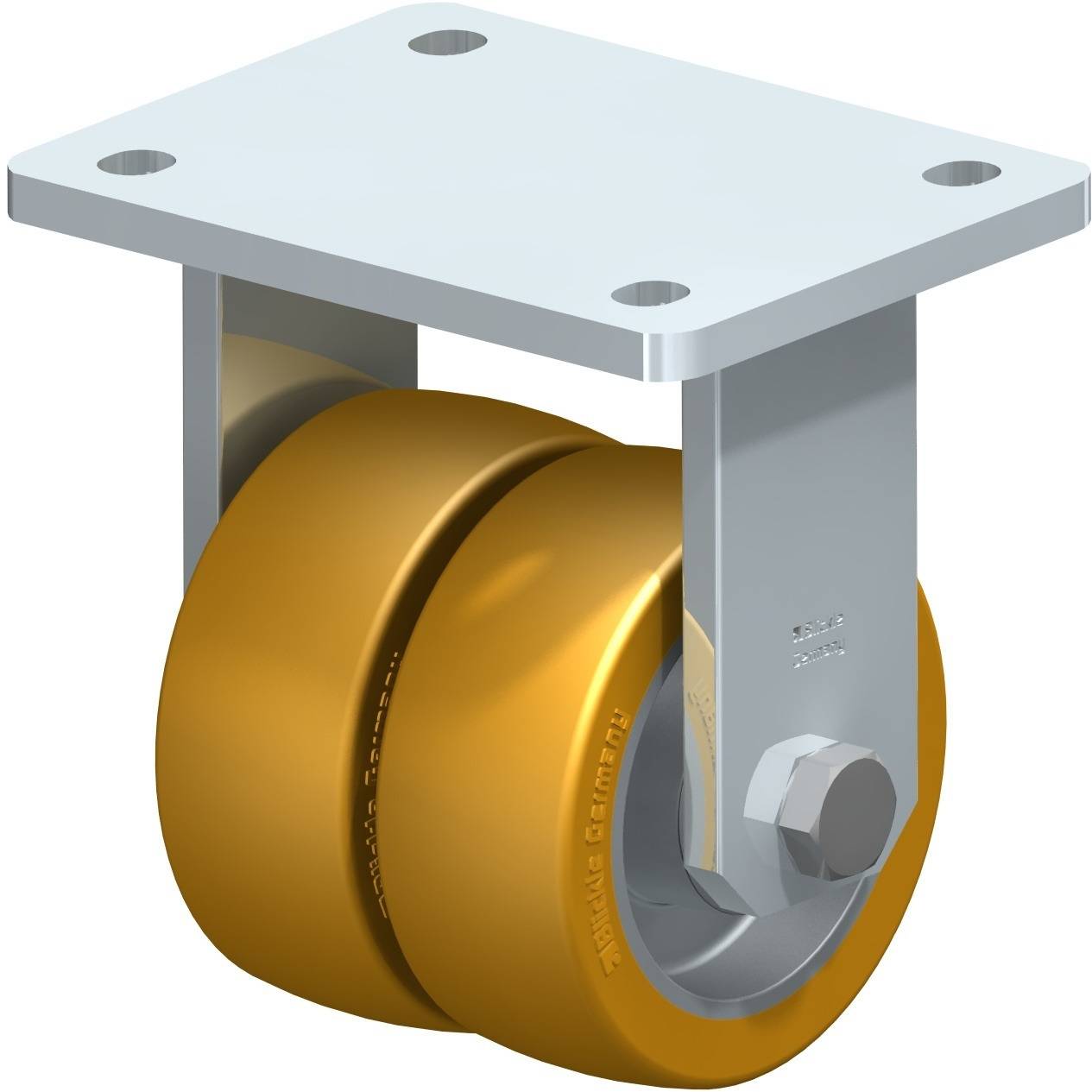 Ein gelbes Doppelrad mit einer rechteckigen Metallhalterung, vermutlich ein Schwerlast-Lenkrollenarmatur.