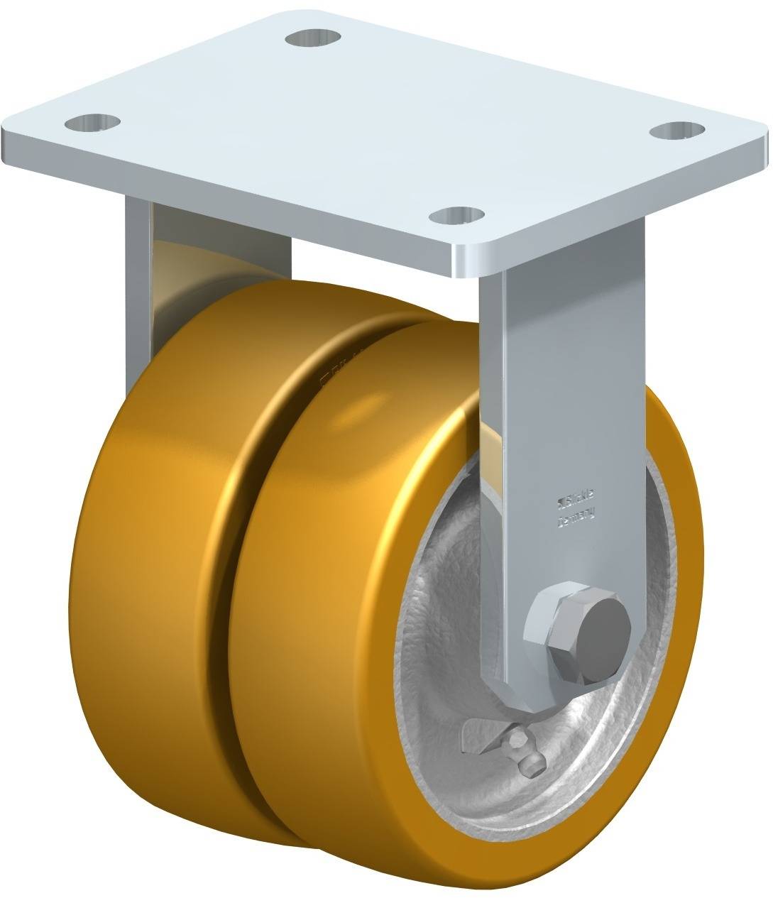 Doppelrolle aus Metall mit gelblichen Rädern, montiert an einer rechteckigen Metallhalterung, wahrscheinlich für Wagen oder Möbel.