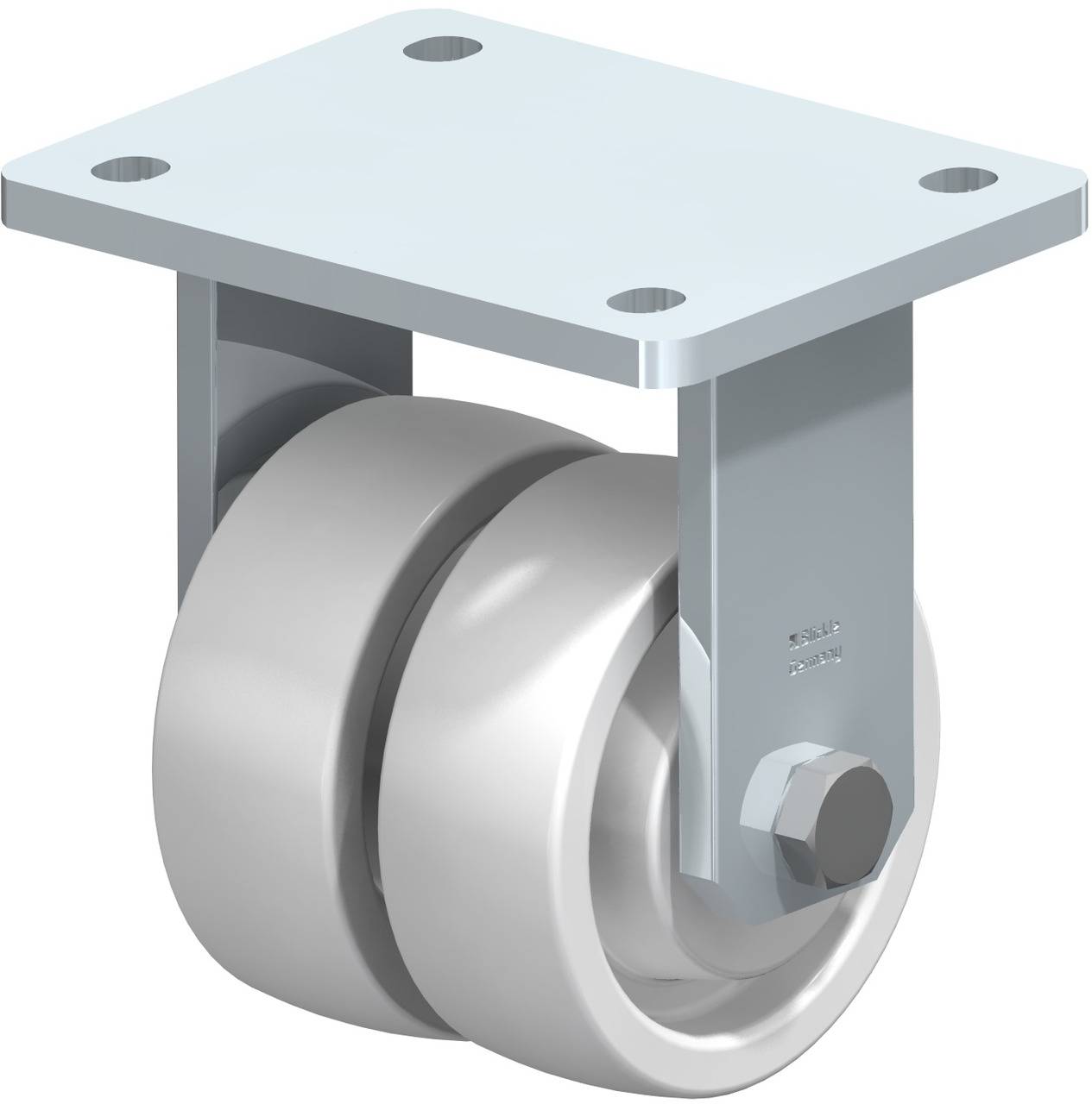 Ein drehbares Doppelrad aus Metall mit Befestigungsplatte, geeignet für Industriemöbel und Transportgeräte, grau lackiert.