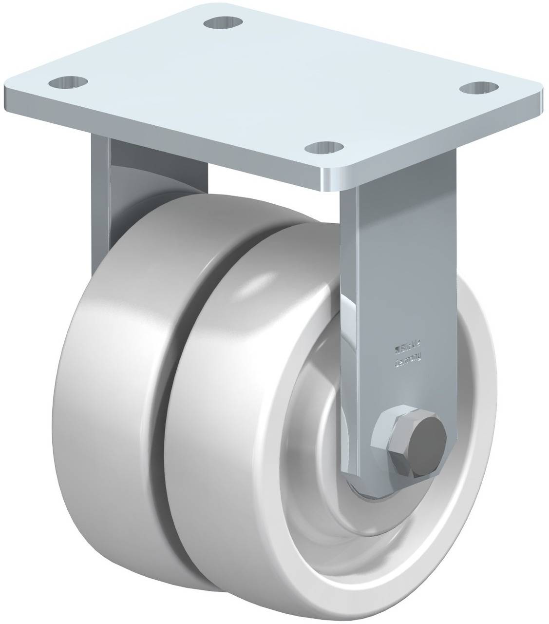 Industrie-Doppelrolle aus Metall mit Befestigungsplatte, im rechten Winkel montiert. Geeignet für schwere Lasten und Transportgeräte.