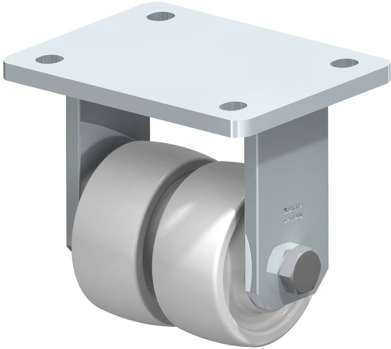 Doppelrad-Rollenlager aus Metall mit quadratischer Montageplatte, vier Löchern und robuster Bauweise für industrielle Anwendungen.