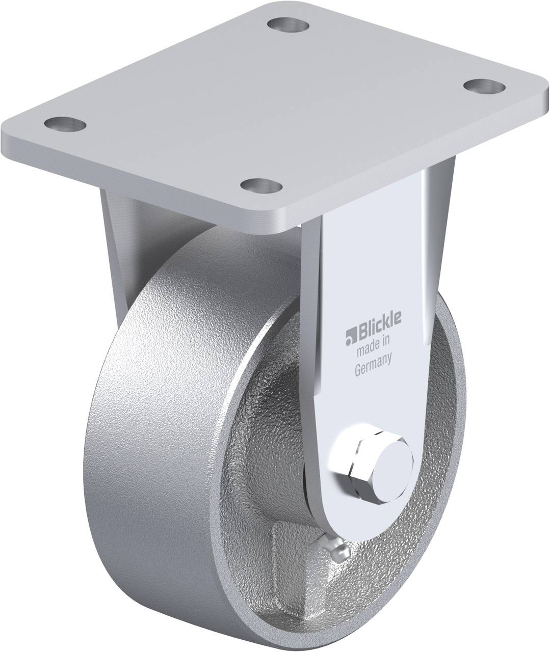 Schwenkrolle aus Metall mit rechteckiger Befestigungsplatte; geeignet für schwere Lasten. Aufschrift 'Blickle made in Germany'.
