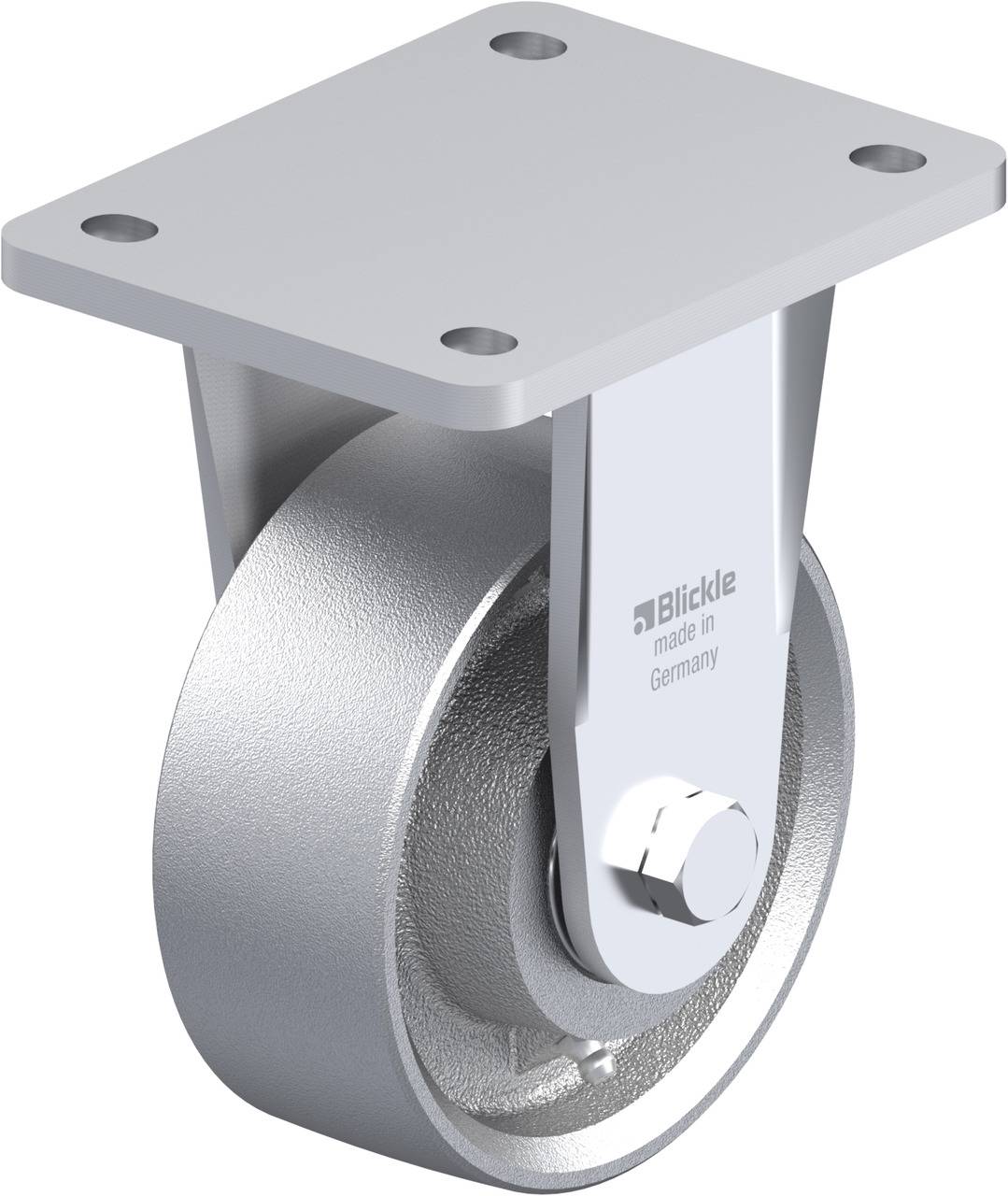 Industrie-Lenkrolle aus Metall, mit rechteckiger Montageplatte und Aufschrift 'Blickle made in Germany' auf der Halterung.