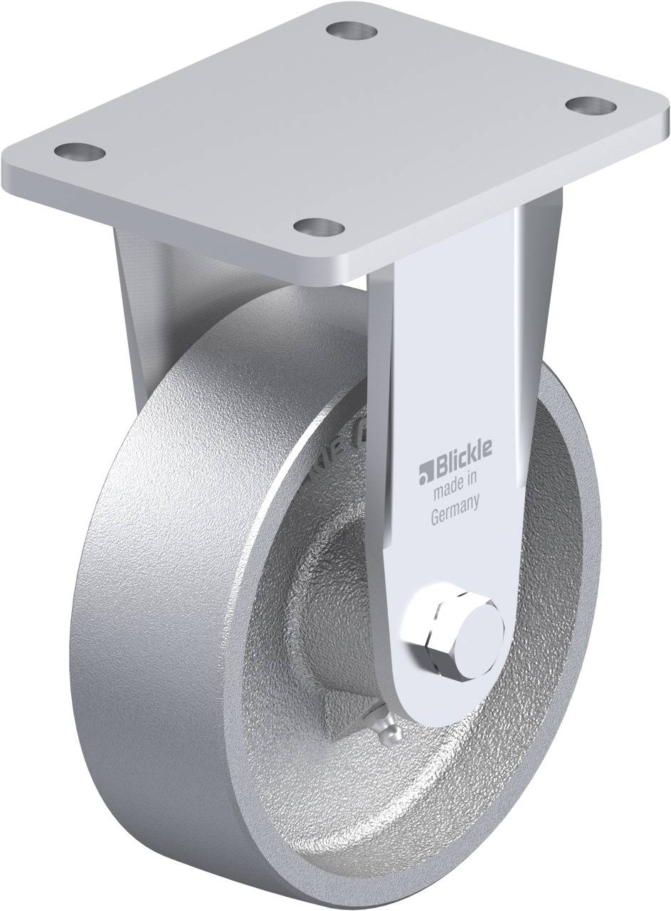 Metallrolle mit Halterung, glatt glänzend, Aufschrift 'Blickle made in Germany', geeignet für industrielle Anwendungen.