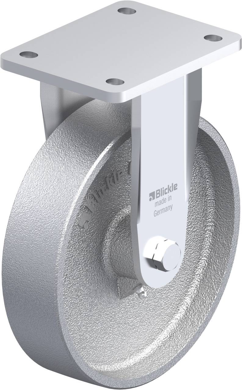 Ein graues Schwerlast-Schwenkrolle mit rechteckiger Befestigungsplatte und silbernem Gehäuse, geeignet für industrielle Anwendungen.