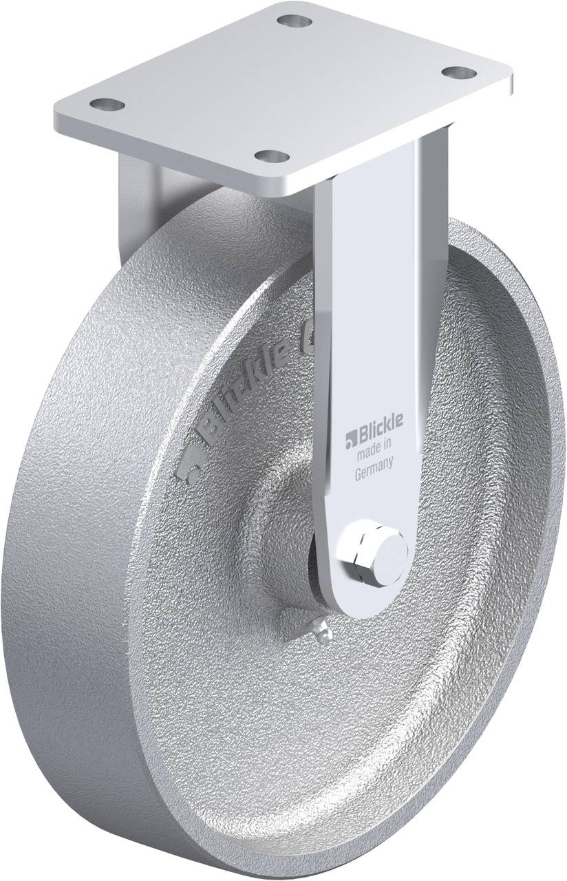 Graue, robuste Metallrolle mit rechteckiger Befestigungsplatte, hergestellt von Blickle in Deutschland.
