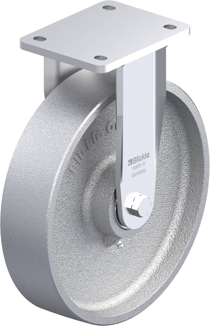 Industrie-Rollenkonstruktion mit glänzendem, robustem Metallrad und Montagesockel, geeignet für schwere Lasten und industrielle Anwendungen.