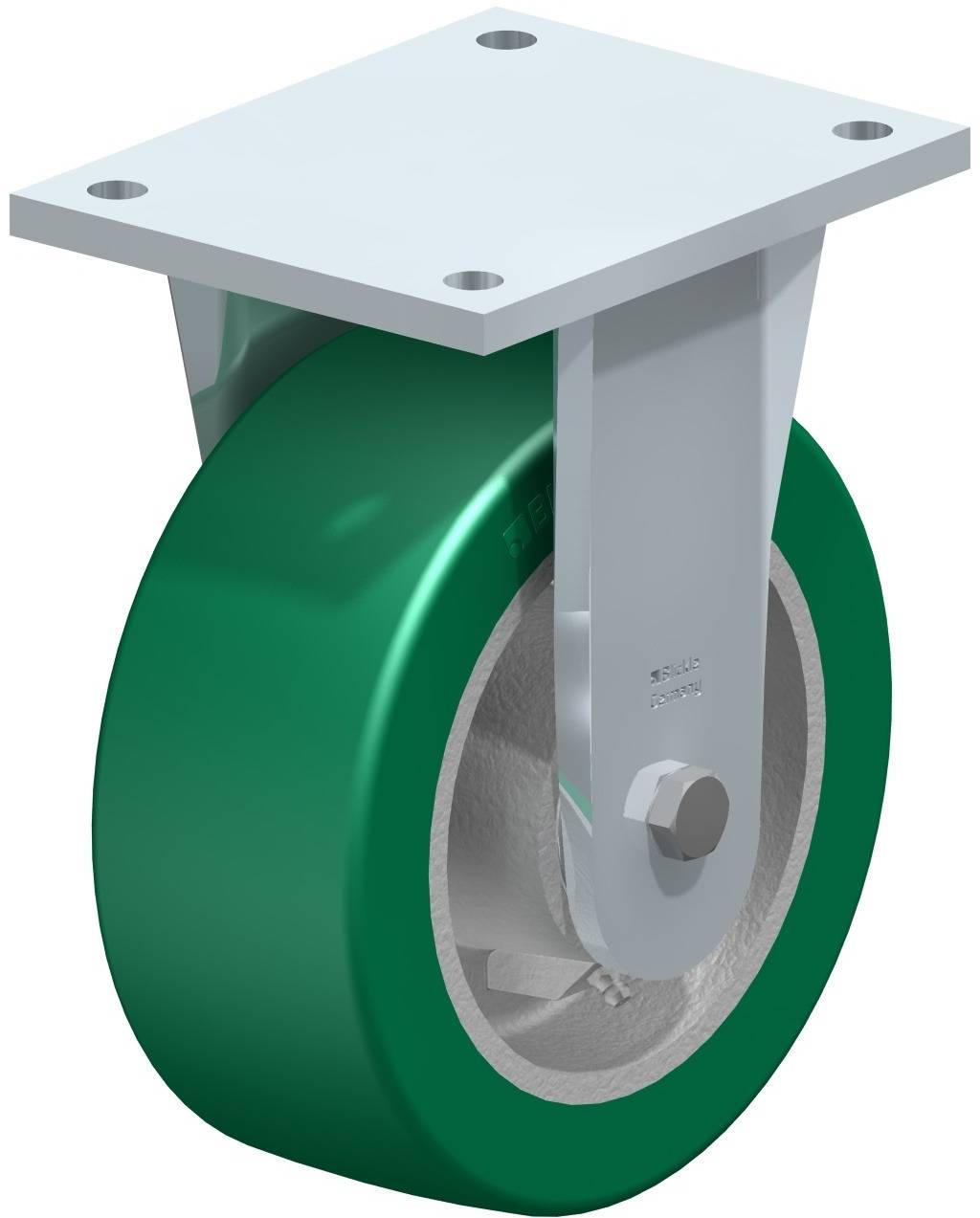 Stabiles, grünes Lenkrollenrad mit Metallhalterung, geeignet für schwere Lasten.