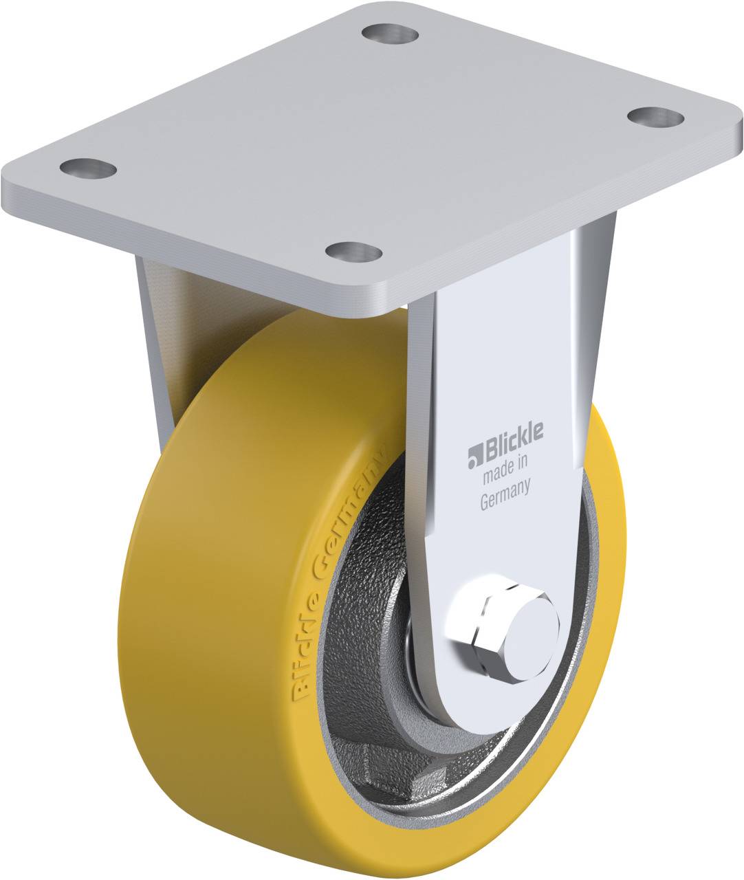 Drehbares Transportrollenrad mit gelbem Gummi und silbernem Metallgehäuse. Vorderansicht der Rolle von der Seite.