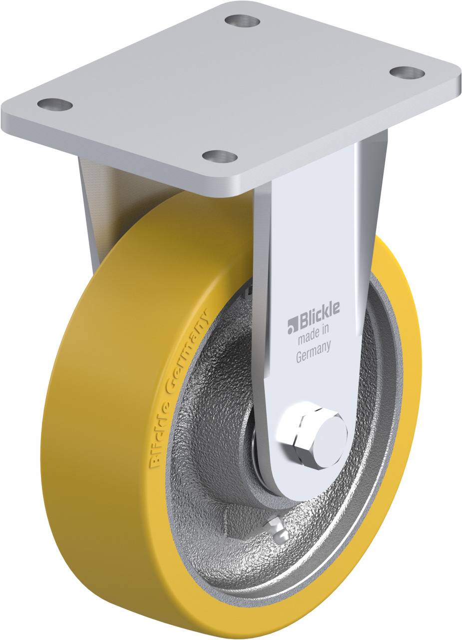 Ein Einzelrad aus Metall mit gelbem Gummireifen, montiert auf einer grauen Halterung. Text auf der Halterung: 'Blickle made in Germany'.