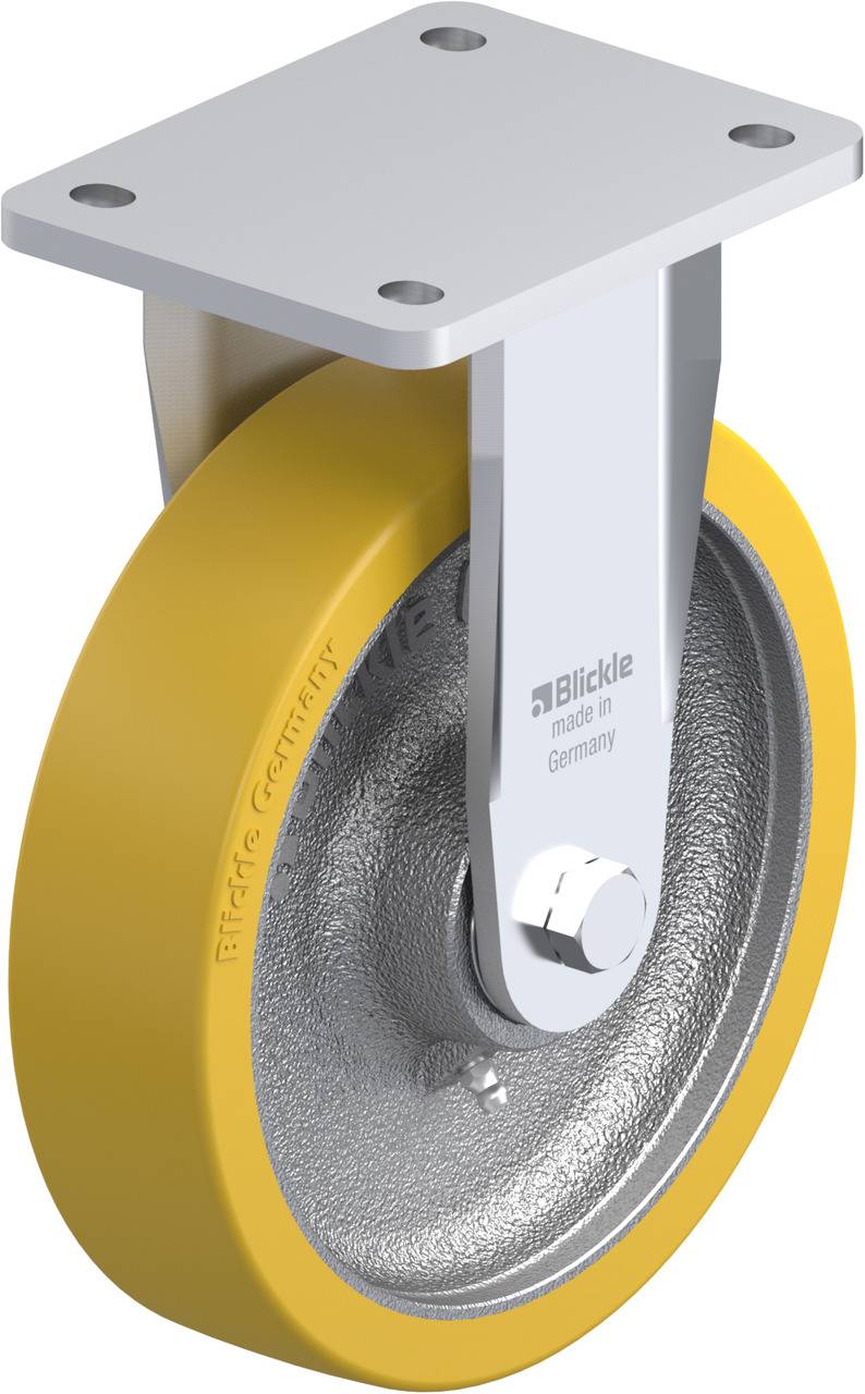 Industrie-Lenkrolle mit gelbem Gummirad und Metallgehäuse. Geeignet für schwere Lasten. Hersteller: Blickle, Made in Germany.