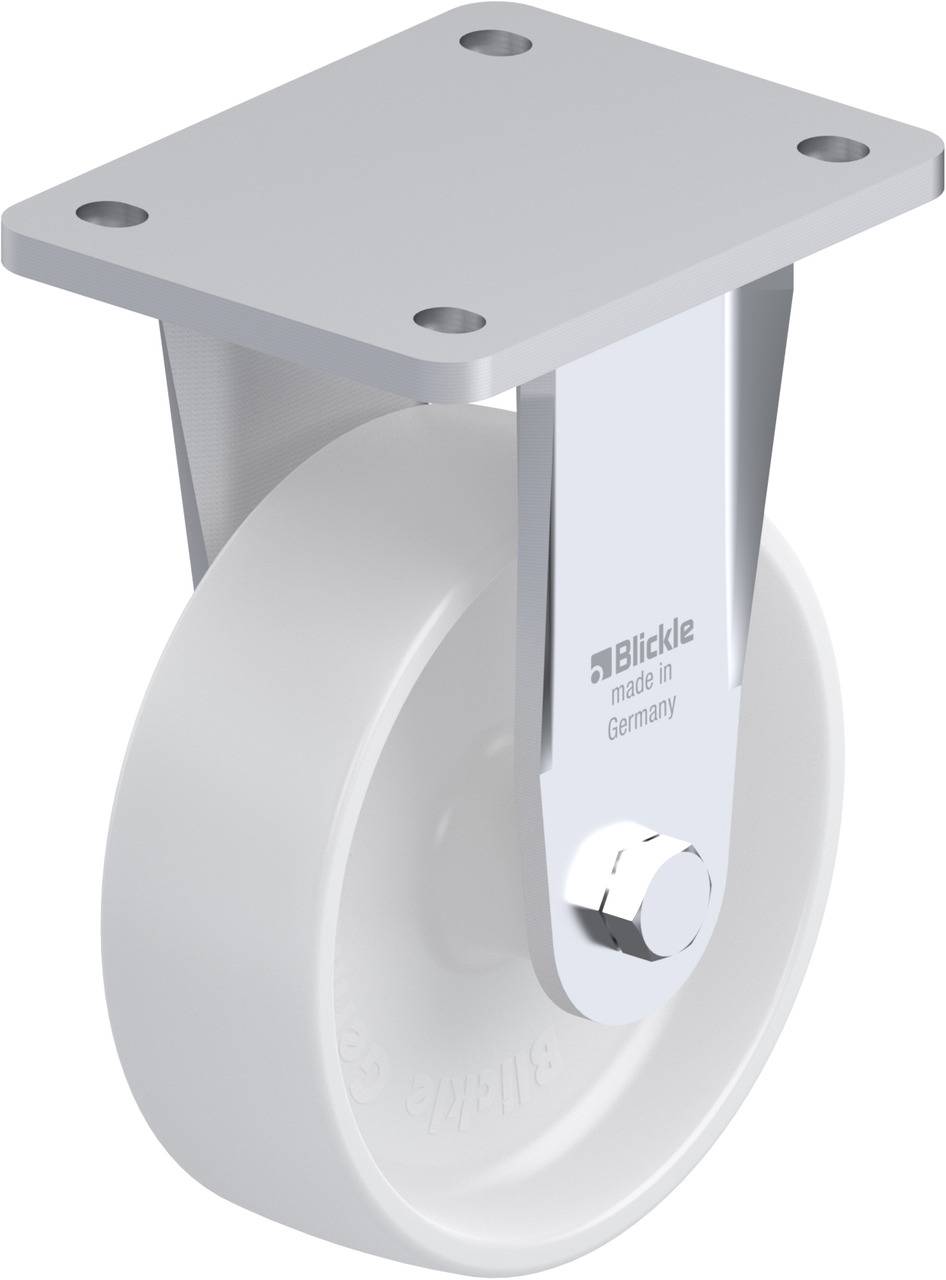 Stabile Transportrolle mit weißem Kunststoffrad und Metallhalterung. Geeignet für den industriellen Einsatz in Deutschland.