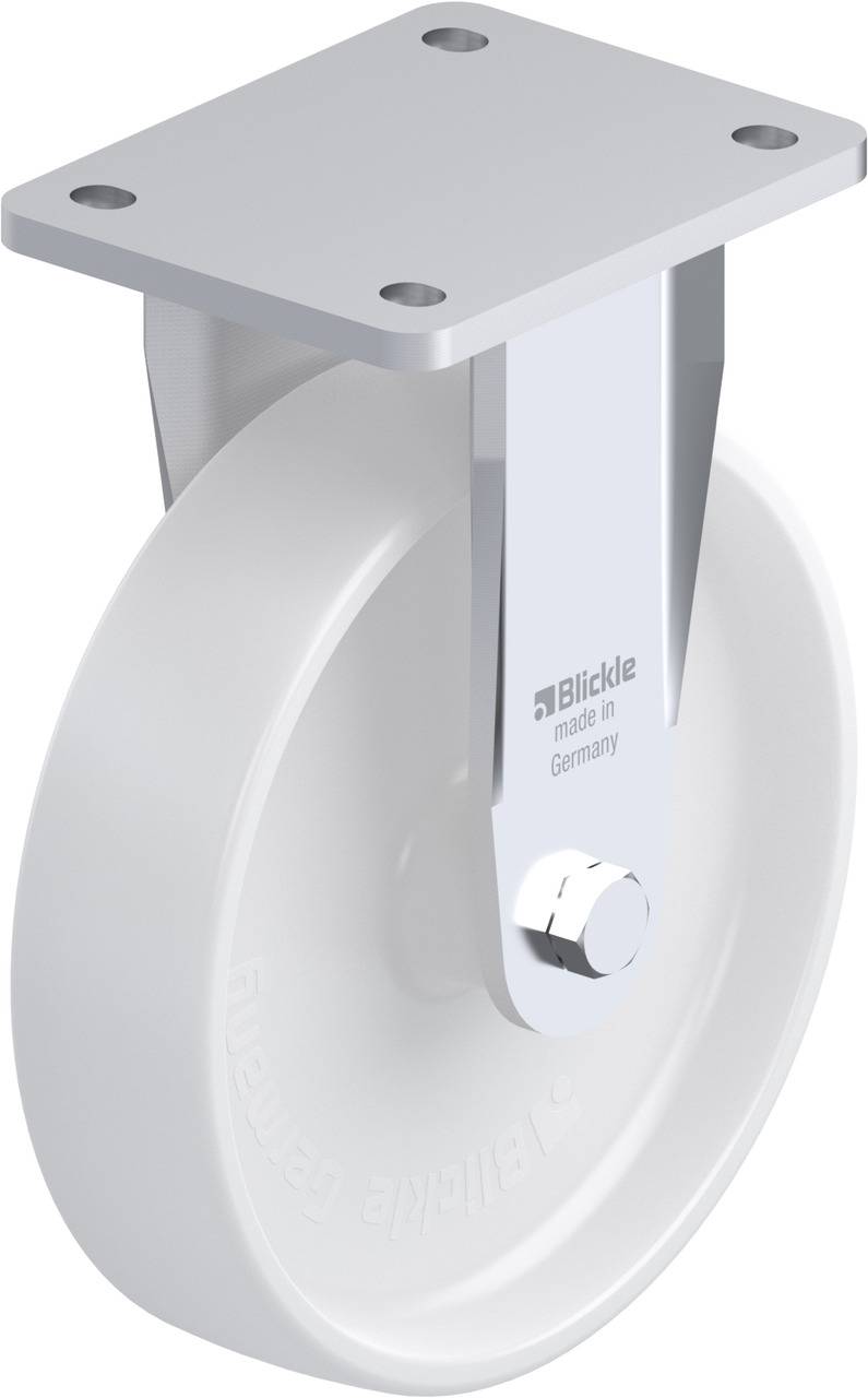 Industrie-Rollenrad aus Kunststoff mit Metallhalterung, auf der Halterung steht 'Blickle made in Germany'.