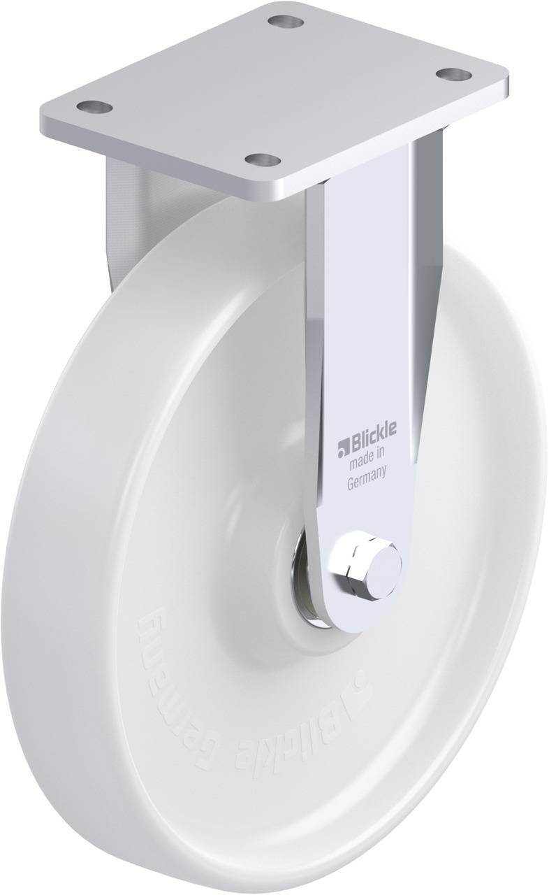 Runde Möbelrolle mit silbernem Halter und Platte oben. Aufschrift 'Made in Germany'.