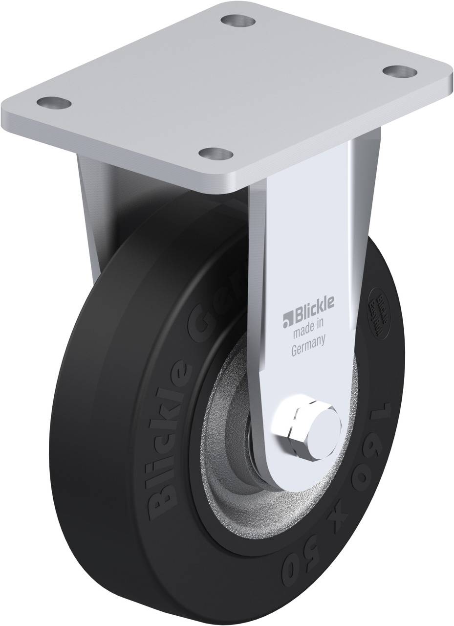 Schwenkrolle mit schwarzem Rad und grauer Halterung. Firmenname 'Blickle' und 'made in Germany' sind auf der Halterung sichtbar.