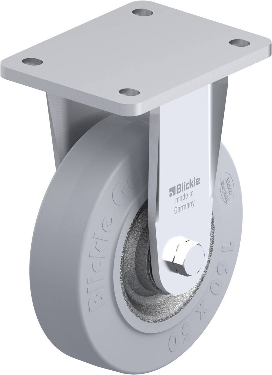 Graue Bockrolle mit rechteckiger Befestigungsplatte, Aufschrift 'Blickle, made in Germany' sichtbar, industrielle Anwendung.