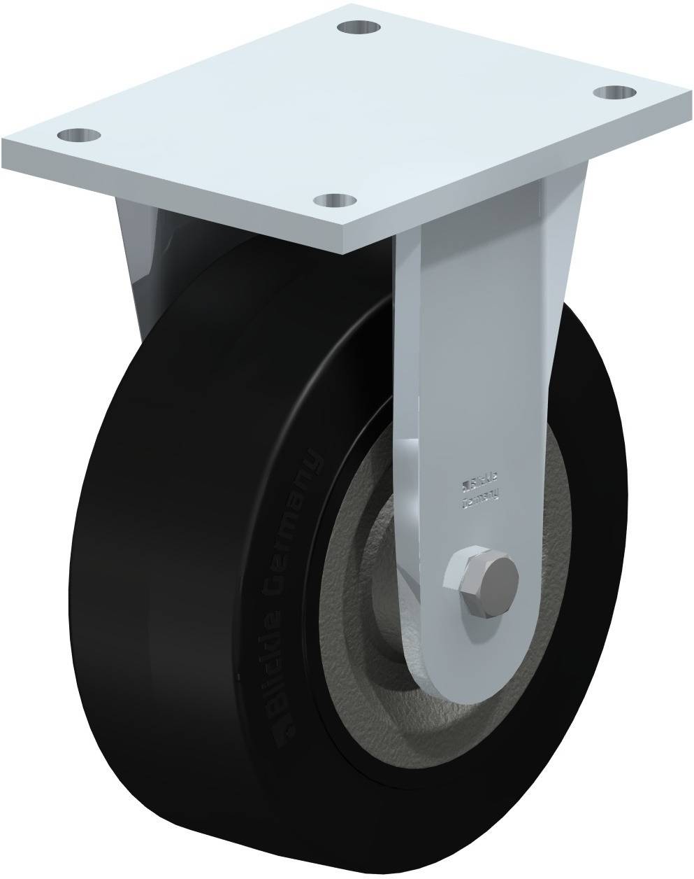 Industrie-Lenkrolle mit schwarzem Rad und weißer Halterung auf einem Metallträger, geeignet für schwere Lasten.