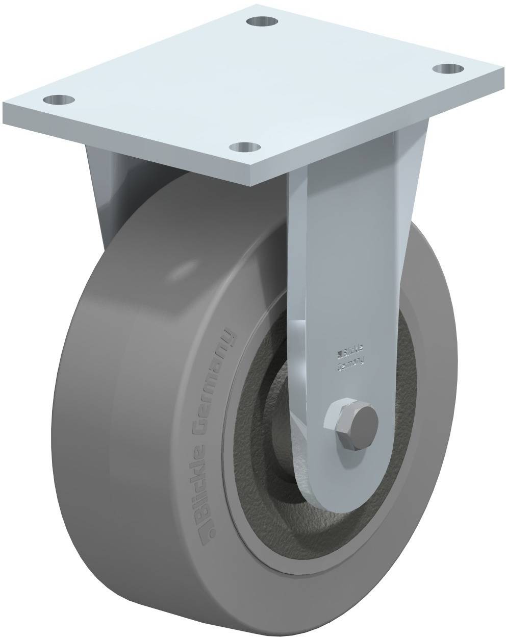 Grauer Industrie-Lenkrolle mit starrer Halterung und Befestigungsplatte, geeignet für schwere Lasten.