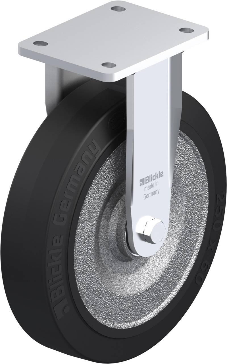 Drehbares Laufrollenrad mit schwarzem Reifen, Metallgabel und Befestigungsplatte. Geeignet für Industrieanwendungen. Markenname 'Blickle Germany' sichtbar.