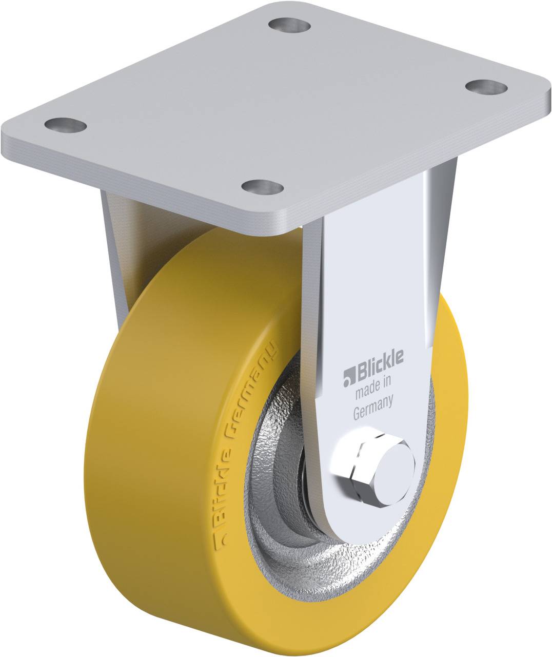 Schwenkrolle mit gelbem Rad und Metallhalterung; Markierung 'Blickle made in Germany' erkennbar.