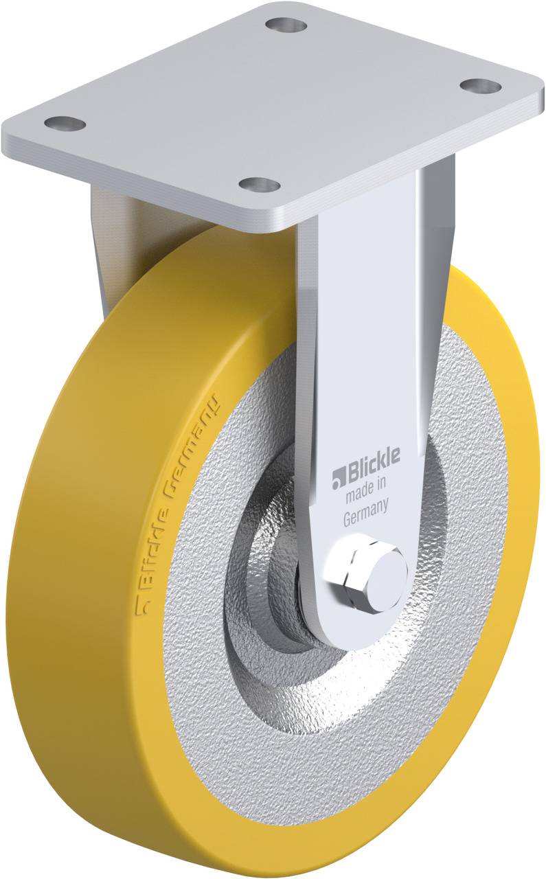Stabile Schwerlastrolle mit gelbem Gummi, montiert an einer grauen Metallplatte. Rolle von 'Blickle', aus Deutschland.