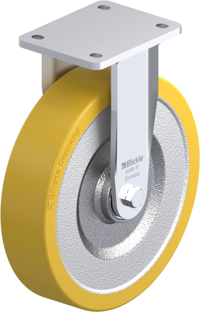 Ein einzelnes Schwerlast-Lenkrolle mit gelbem Polyurethanrad und silbernem Metallgehäuse. Markierung 'Blickle' auf der Gabel.