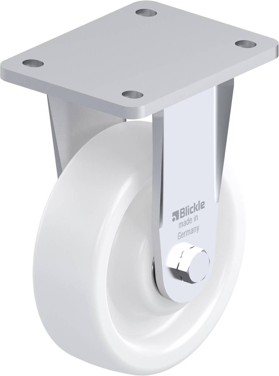 Ein weißes Rad mit Metallhalterung und quadratischer Platte, beschriftet mit 'Blickle, made in Germany'.