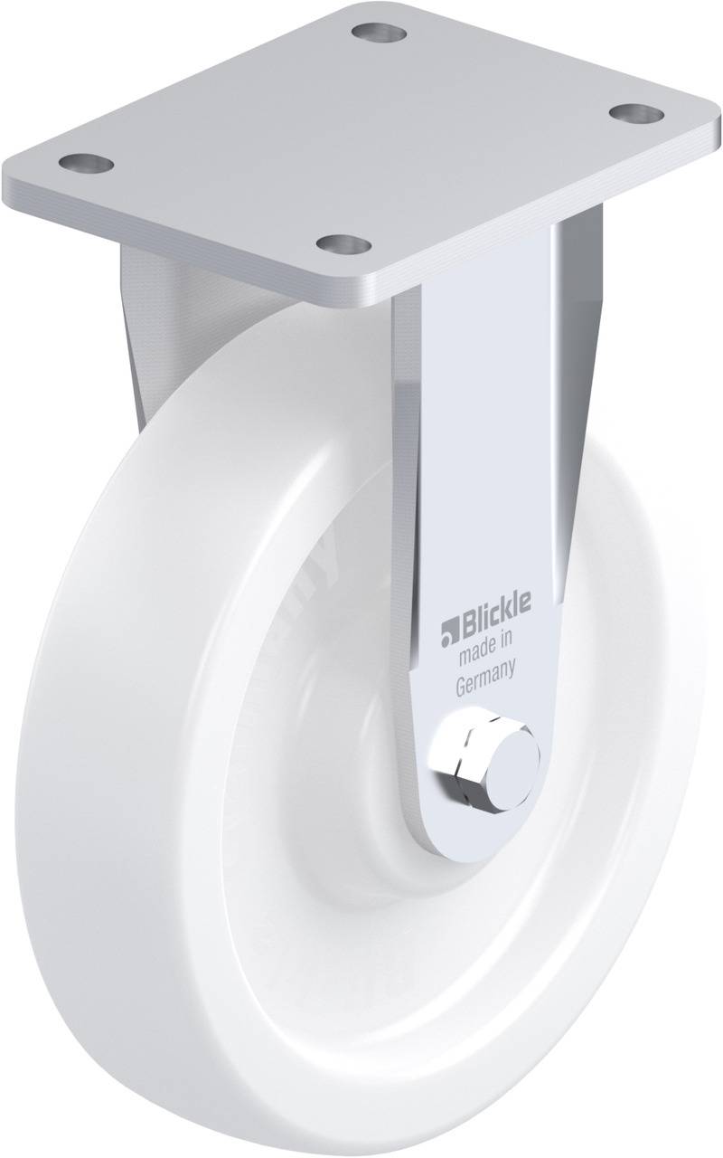 Schwenkrolle mit weißem Rad und Metallgehäuse, geeignet für Möbel oder Transportgeräte, mit Markenaufschrift 'Blickle'.