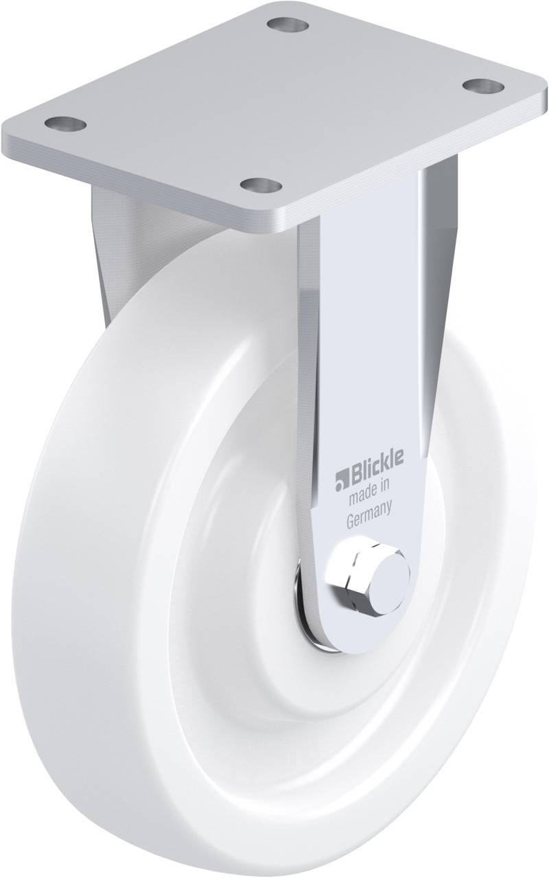 Weiße Rolle mit Metallhalterung, vier Bohrlöcher in der oberen Platte, Aufschrift 'Blickle made in Germany' an der Halterung.