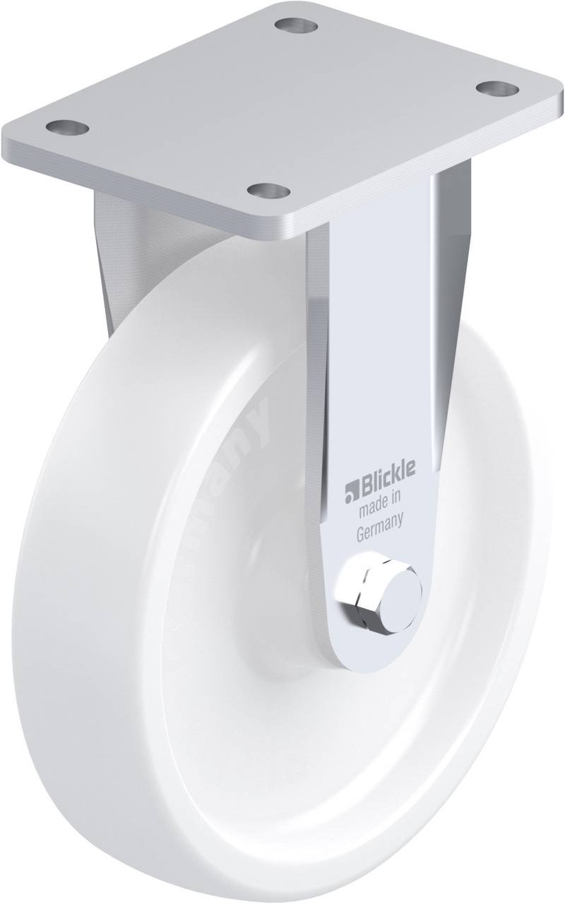 Schwenkrolle mit einem weißen Rad und einer silbernen Halterung. Herstellerlogo 'Blickle made in Germany' sichtbar auf der Halterung.