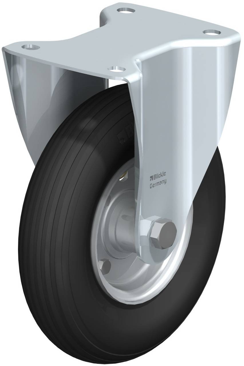 Schwenkrolle mit schwarzem Gummi-Rad und silbernem Metallgehäuse, geeignet für den Einsatz bei schweren Lasten.