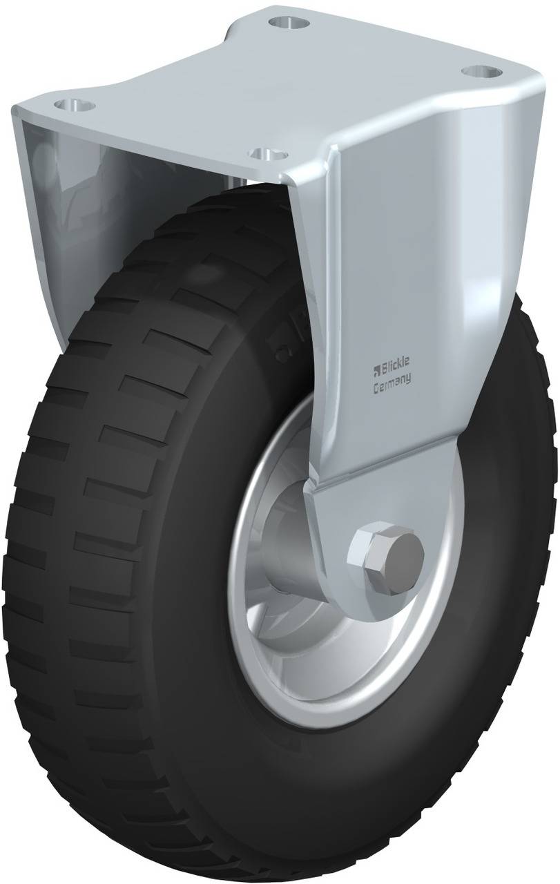 Schwenkrolle mit grauem Metallgehäuse und robustem schwarzen Gummireifen. Geeignet für industrielle Anwendungen und schwere Lasten.