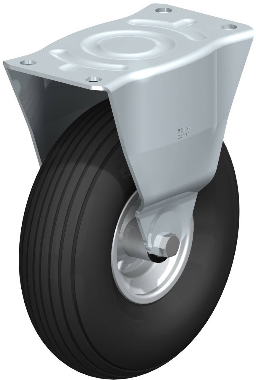 Schwenkrolle mit schwarzem Gummirad und silbernem Metallgehäuse, geeignet für Industrieanwendungen, zeigt robuste Bauweise.