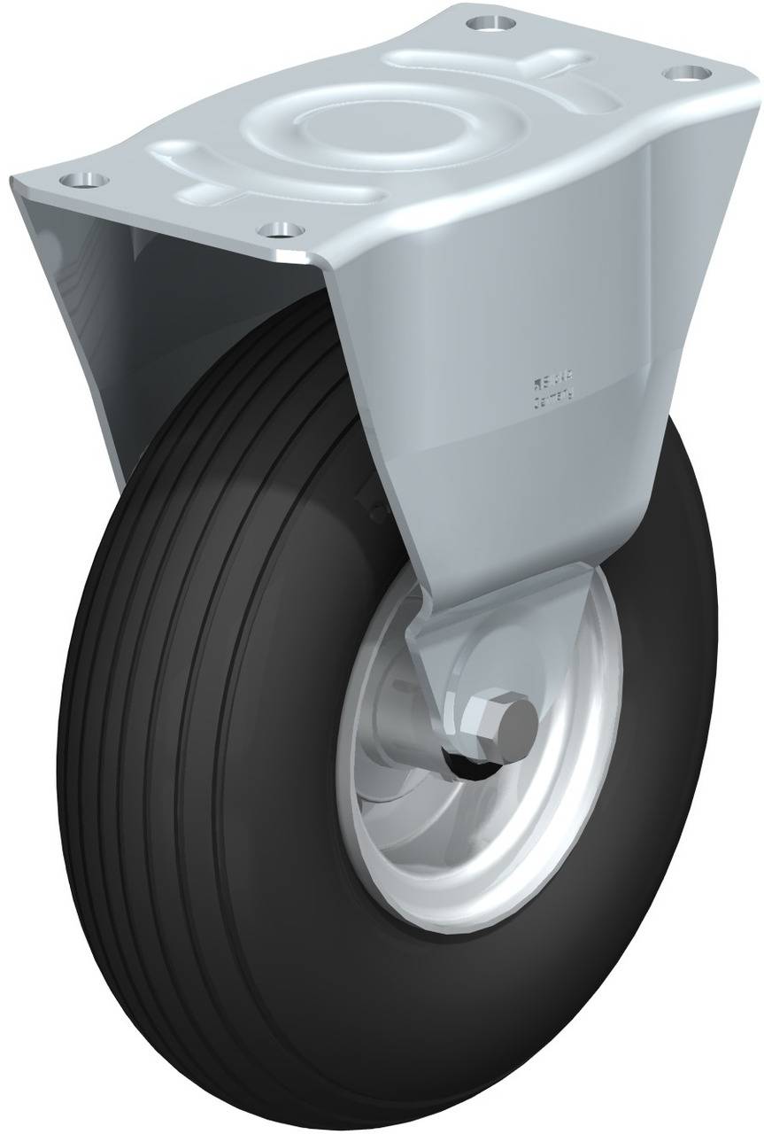Schwarzes Industriegummi-Lenkrollenrad mit silbernem Metallgehäuse, geeignet für schwere Lasten und flexible Mobilität.