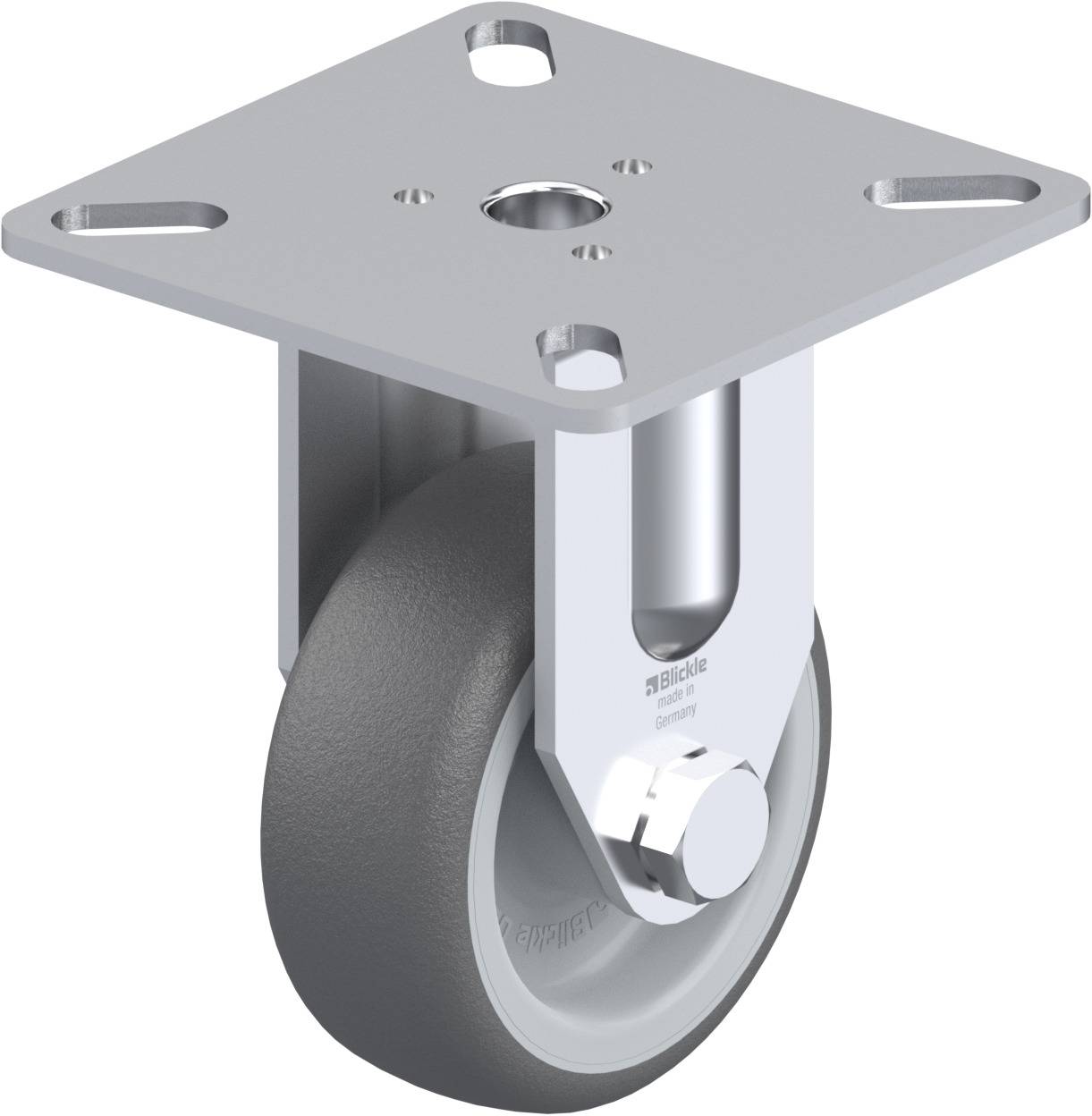 Eine graue Lenkrolle mit rechteckiger Montageplatte und vier Befestigungslöchern, geeignet für den Einsatz an Möbeln oder Geräten.