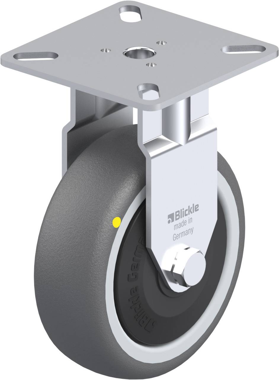 Graue Lenkrolle mit Metallgehäuse und rechteckiger Platte, Beschriftung 'Blickle made in Germany' erkennbar, für Möbel oder Wagen geeignet.