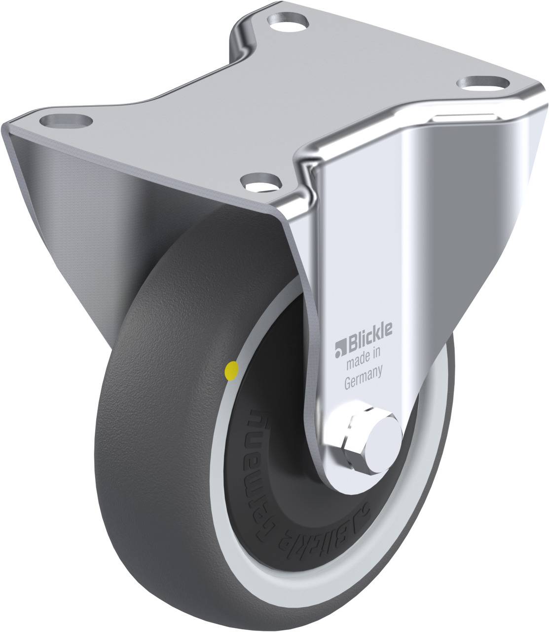 Schwenkrolle mit grauem Rad und Metallbefestigungshalterung. Text auf Haltering: 'made in Germany'.