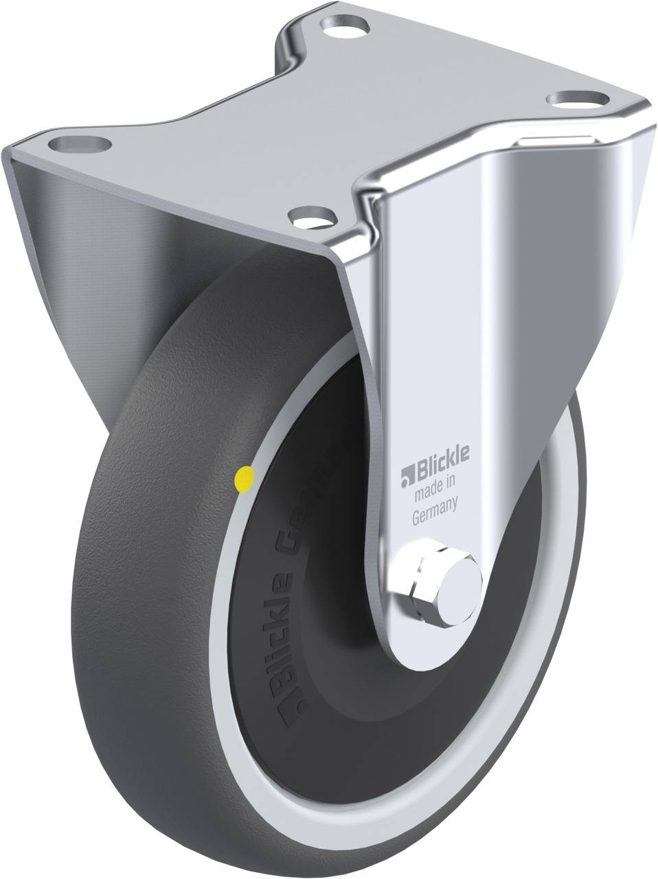 Schwenkrolle mit grauer Radfläche, Metallplatte zur Befestigung und Aufschrift 'made in Germany'. Ideal für Transportgeräte.