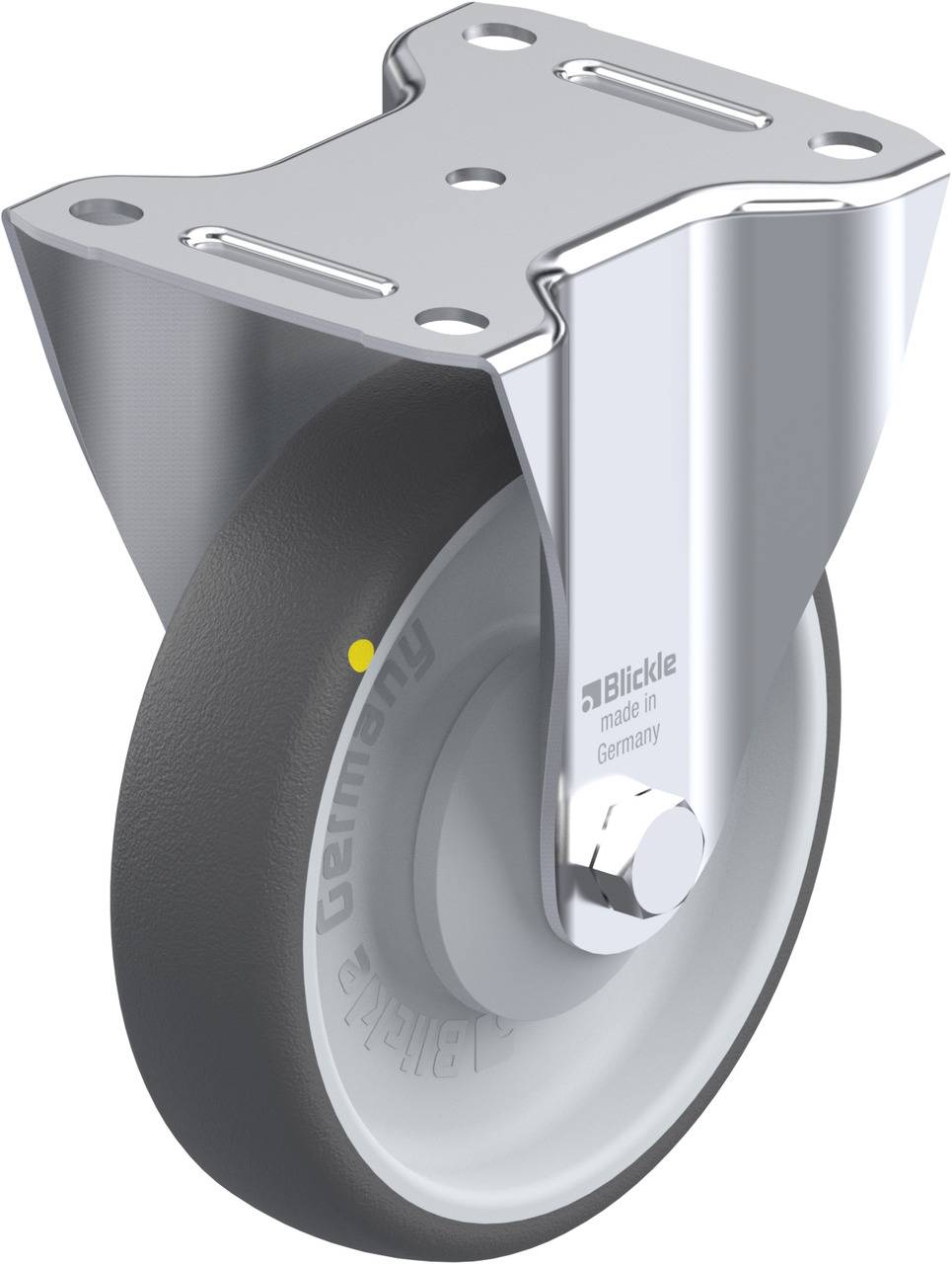 Rollenrad aus Metall und Kunststoff, montierbar, geeignet für Möbel oder Geräte. Von 'Blickle', hergestellt in Deutschland.