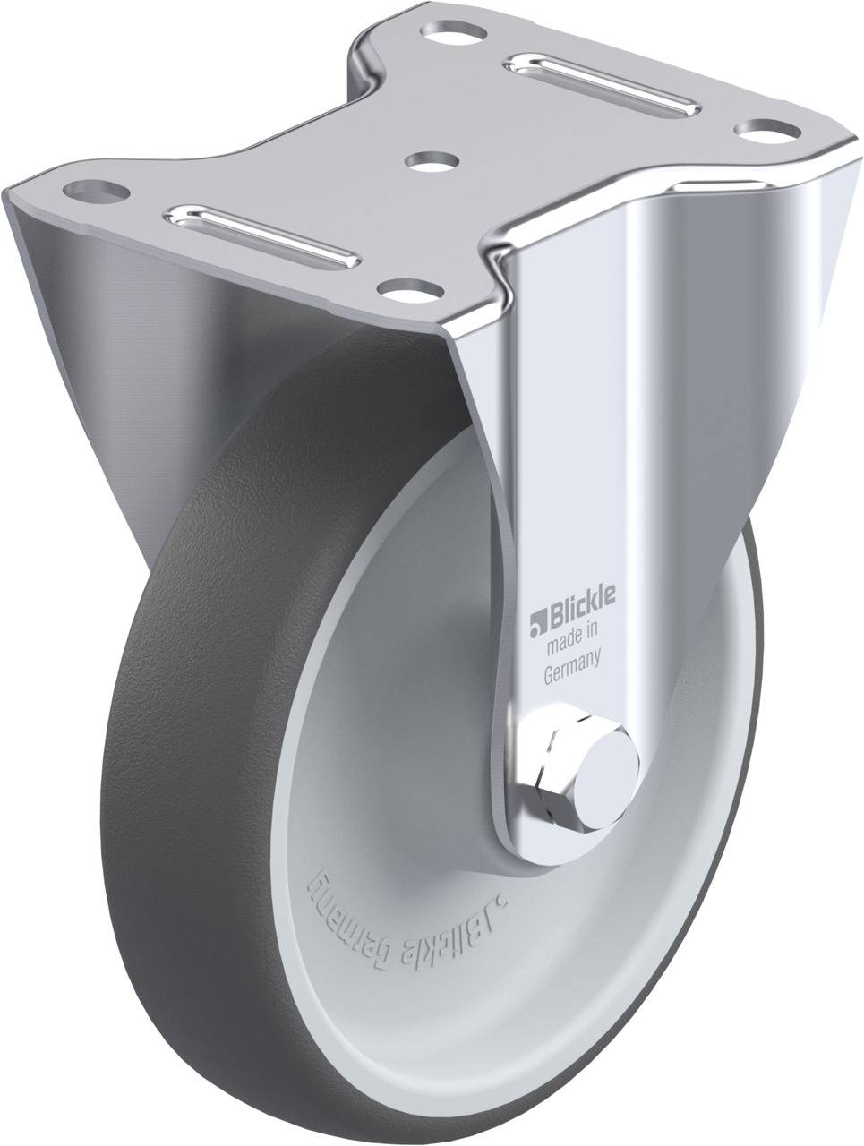 Industrie-Rollenhalterung aus Metall mit grauer Kunststoffrad. Marken- und Herkunftsbeschriftung 'Blickle' und 'made in Germany'.