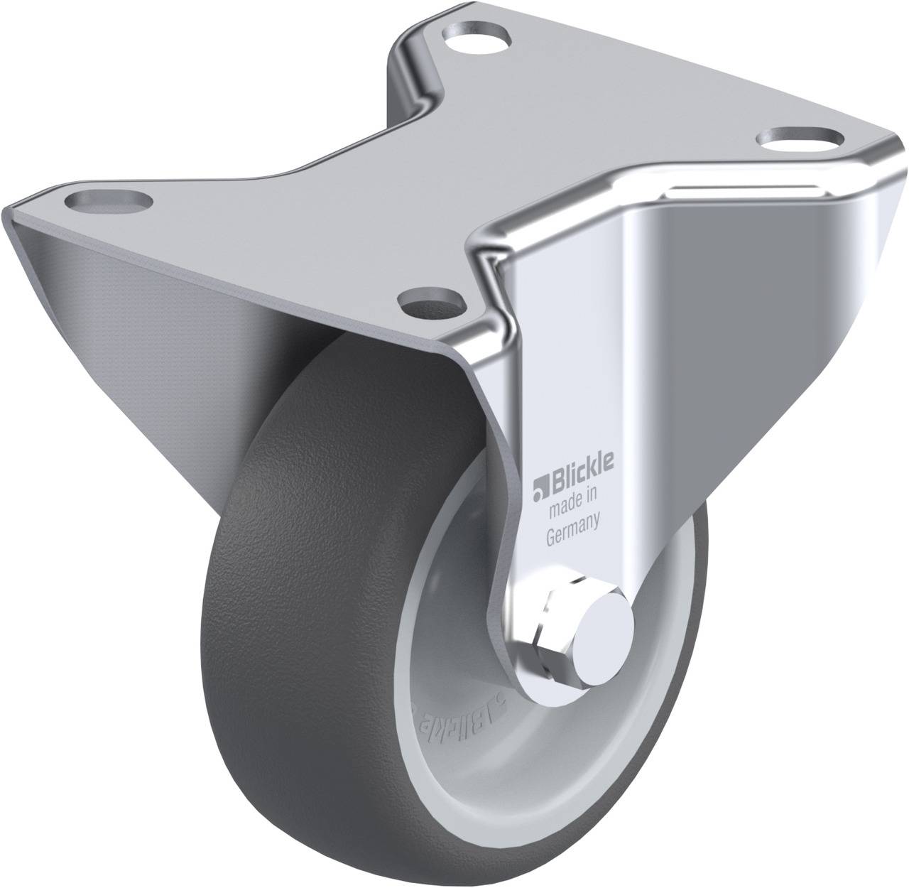 Ein verchromtes Rad mit Halterung und grauer Gummibereifung, hergestellt in Deutschland, geeignet für industrielle Anwendungen.