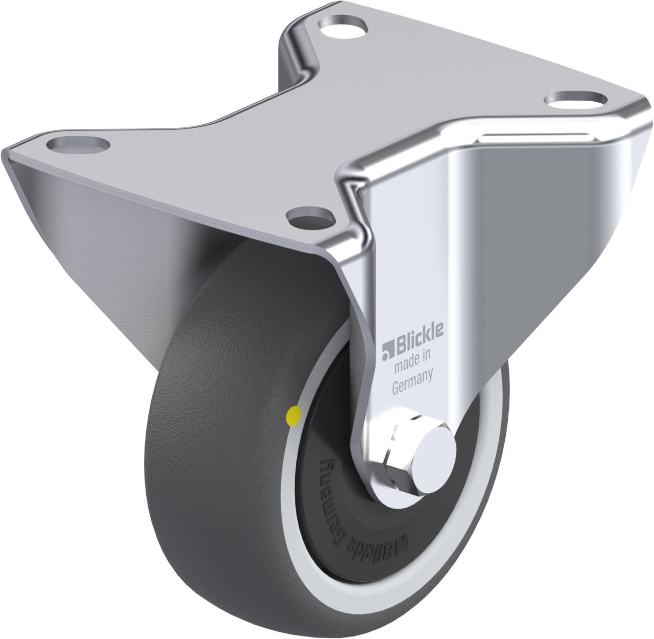 Schwenkrolle mit grauem Rad und silbernem Gehäuse, Aufschrift 'Blickle made in Germany'. Verwendet für Mobilität bei Möbeln oder Geräten.