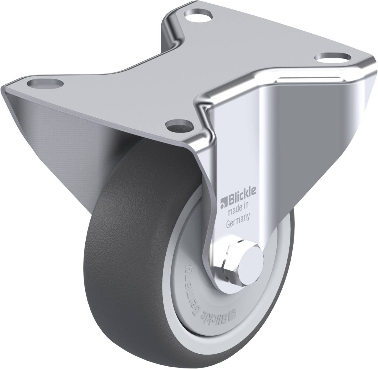 Ein einzelnes Lenkrollenrad mit grauem Gummi und glänzendem Metallgehäuse, geeignet für den Einsatz in industriellen Anwendungen.