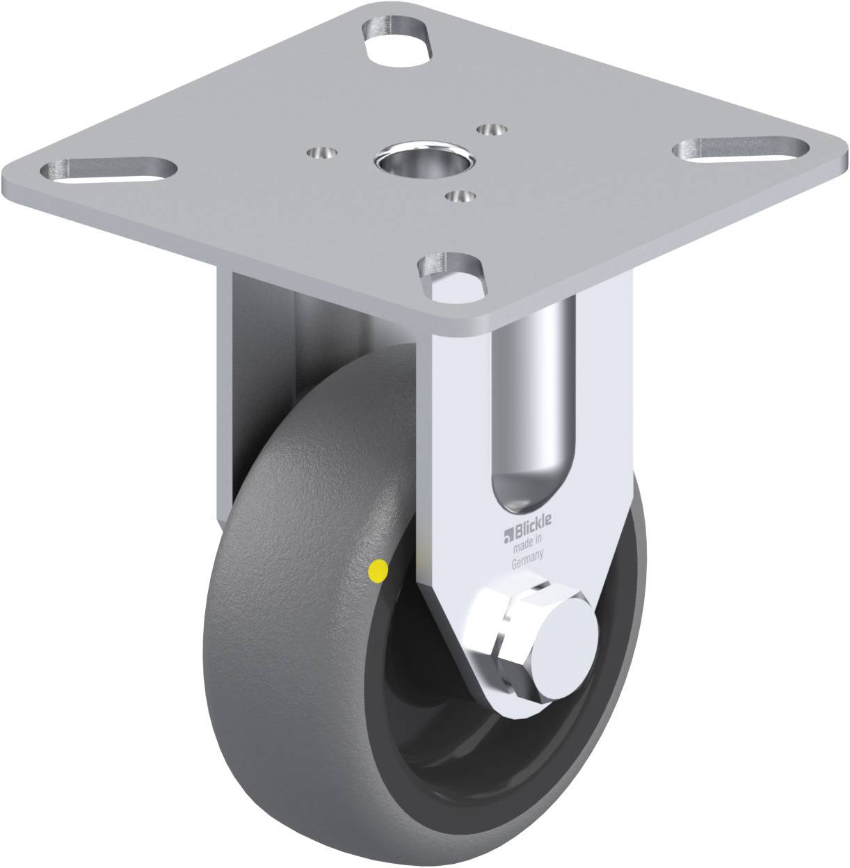 Schwenkrolle mit grauem Gummirad und silbernem Halter. Geeignet für den Einsatz an Möbeln oder Geräten zur leichten Bewegung.