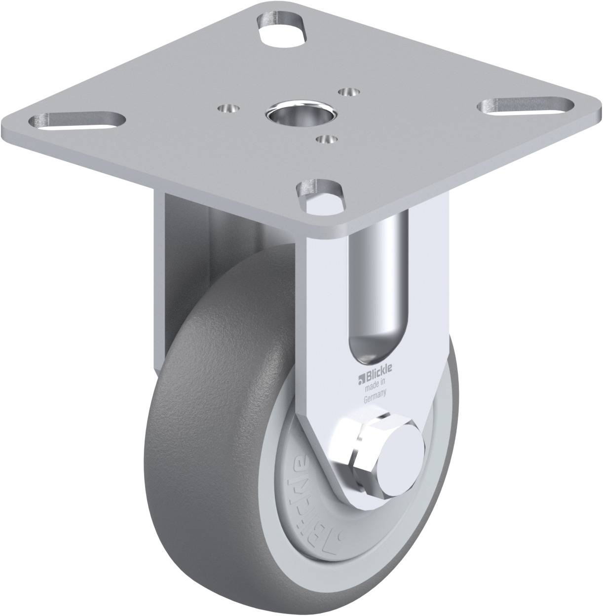 Graue Lenkrolle mit rechteckiger Metallplatte. Geeignet für Möbel oder Geräte zur leichten Bewegung und Stabilität.