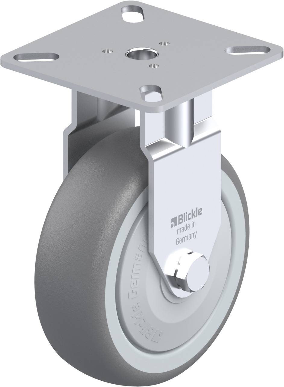 Metallrollengehäuse mit grauem Rad, seitlich montiert, etikettiert mit 'Blickle made in Germany'. Geeignet für industrielle Anwendungen.