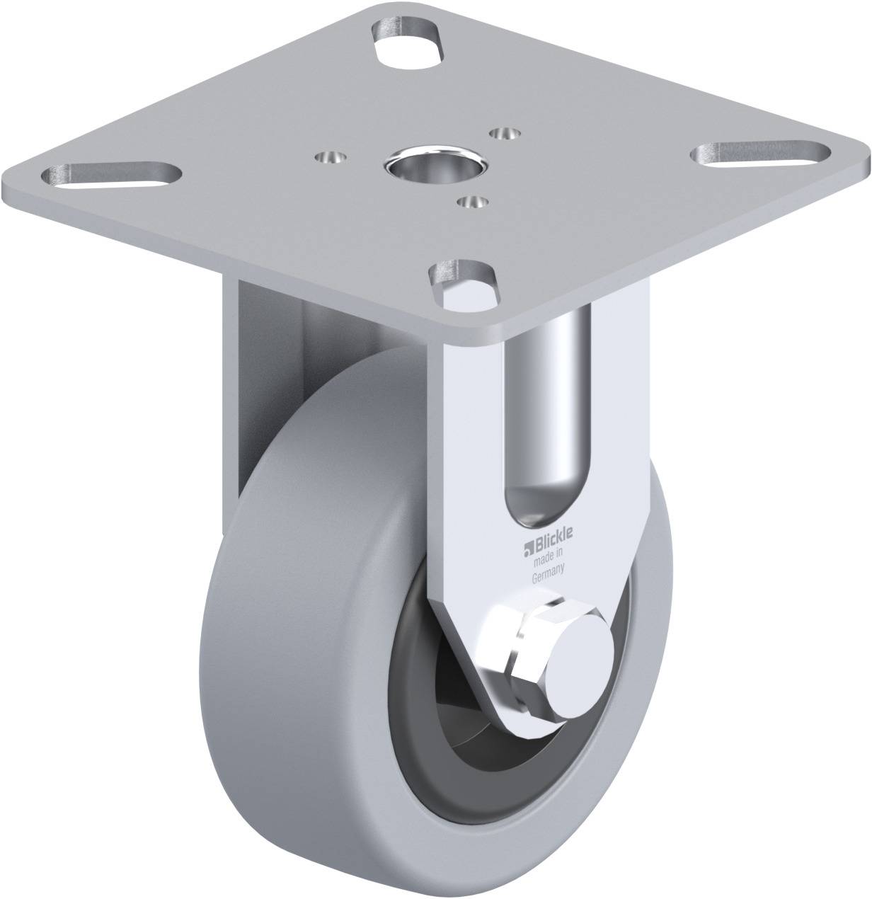 Schwenkrolle mit grauem Gummirad und Metallplatte zur Befestigung, geeignet für Möbel- oder Geräteanwendungen.
