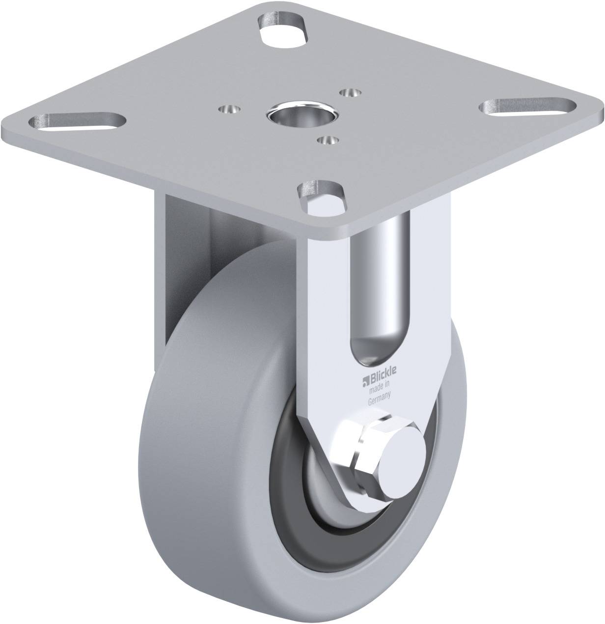 Ein graues Schwenkrolle mit Befestigungsplatte. Die Rolle hat ein Metallgehäuse und Gummiabdeckung, geeignet für Möbel oder Geräte.