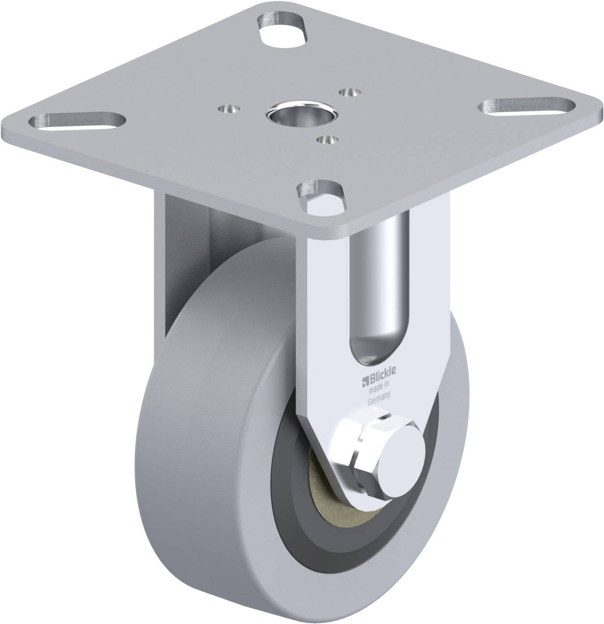 Schwenkrolle mit grauem Rad und rechteckiger Montageplatte, geeignet für Transportwagen und Maschinen.