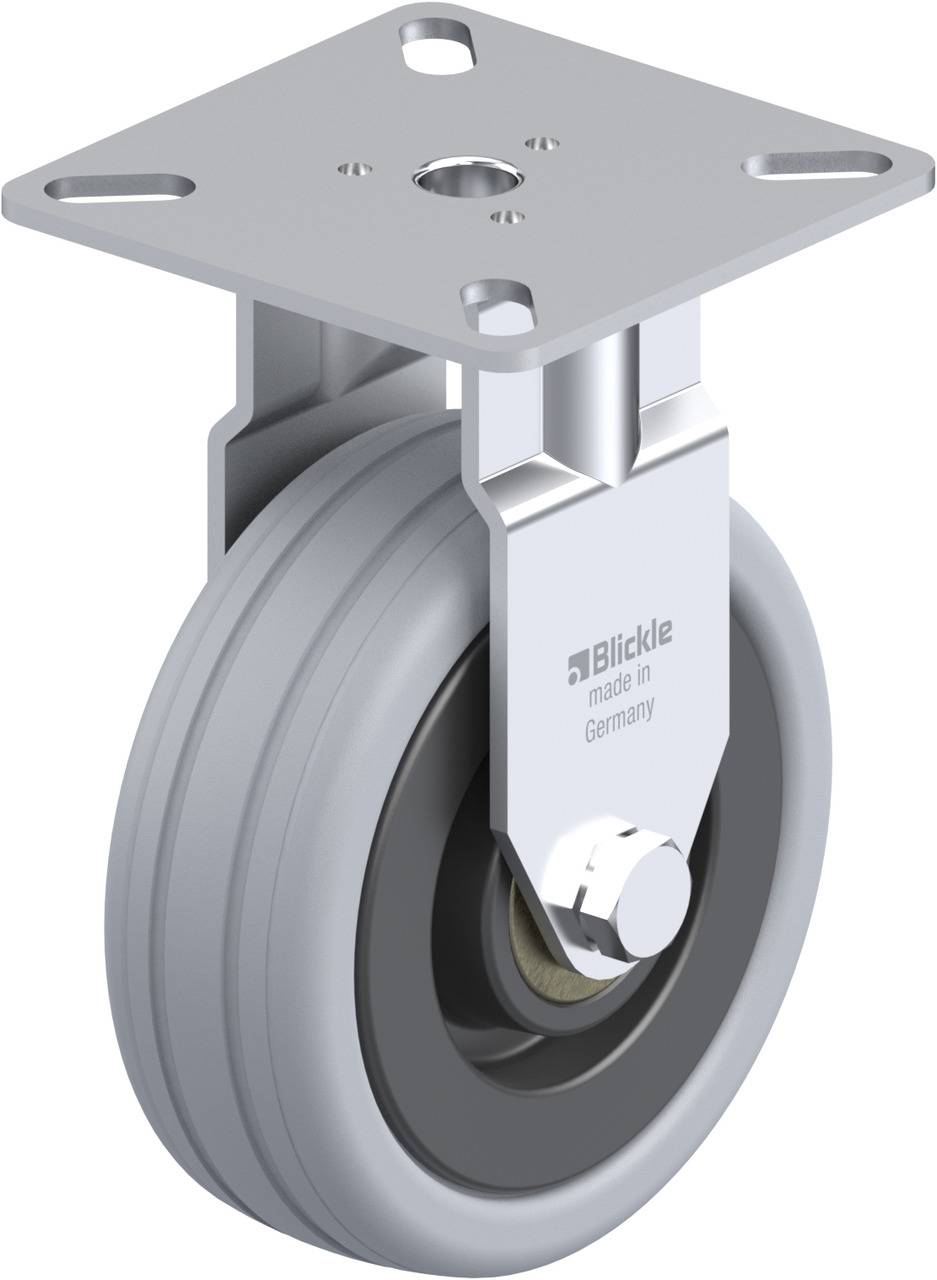 Schwenkrolle mit grauem Rad und silberner Halterung, geeignet für den industriellen Einsatz; auf der Halterung steht 'Blickle made in Germany'.
